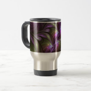 Caneca Térmica Arte Fractal de Khaki, Abstrato violeta e colorida