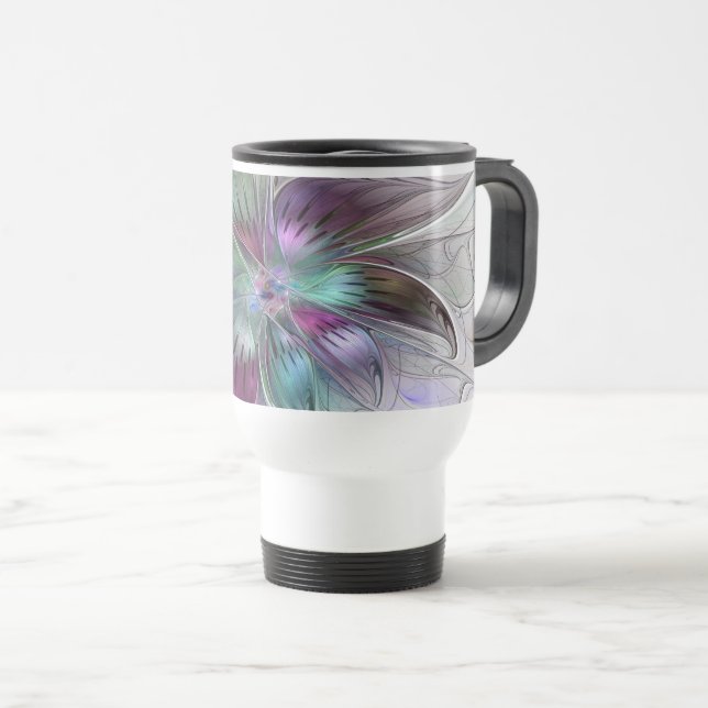 Caneca Térmica Arte Fractal Moderna Floral Colorida Abstrato (Frente Esquerda)