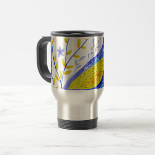 Caneca Térmica Arte Moderna de Pássaro Azul e Amarelo em Aquarela