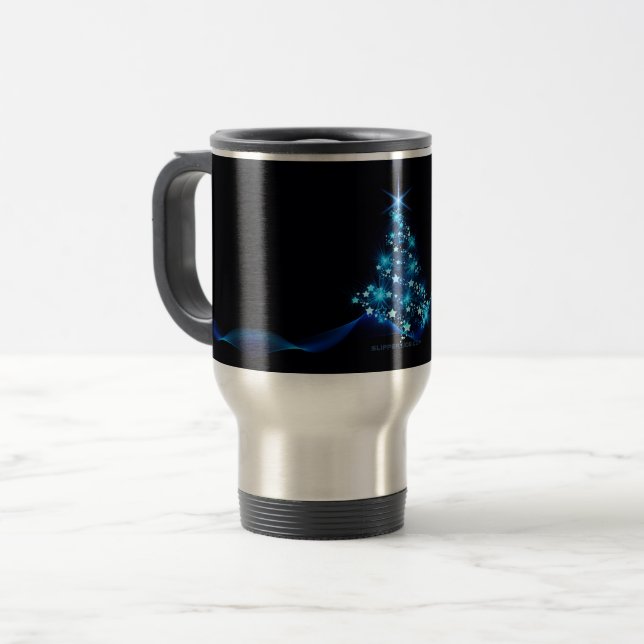 Caneca Térmica árvore de Natal estilizada SlipperyJoe azul brilha (Frente Esquerda)