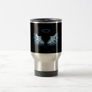 Caneca Térmica Asas Anjos Azuis Brilhantes em fundo preto