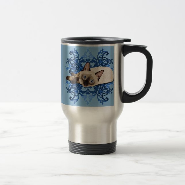 Caneca Térmica Azul Elegante Floral Siamês Gato Bonito Felino (Direita)