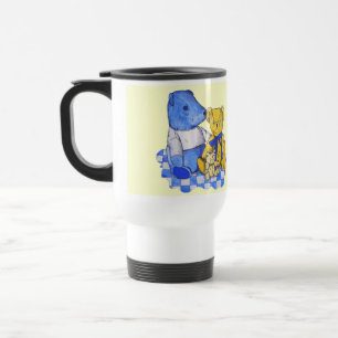 Caneca Térmica azul verifique o pano de piquenique com três ursi
