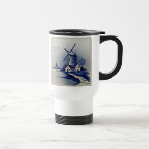 Caneca Térmica Azul Vintage Delft Moinho de Vento Branco