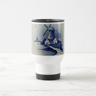 Caneca Térmica Azul Vintage Delft Moinho de Vento Branco