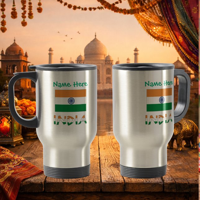 Caneca Térmica Bandeira Personalizada da Índia (Personalized travel mug with Indian flag, INDIA in flag colors and place for name above. Both sides.)