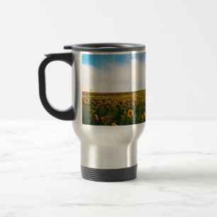 Caneca Térmica belas flores do sol campo com céu azul nublado a