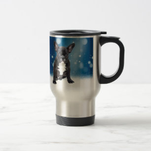 Caneca Térmica Belo Buldogue Francês Estrelas de Neve Azul Natal