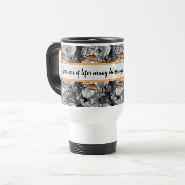 Caneca Térmica Bênçãos da vida - Borboleta Laranja Monarca Café (Frente Esquerda)