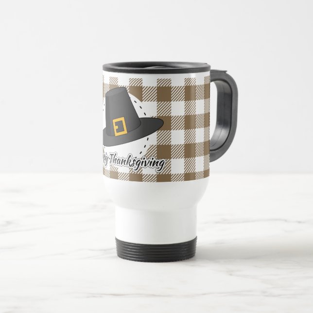 Caneca Térmica Black Pilgrim Hat on Brown Plaid - Thanksgiving (Frente Esquerda)