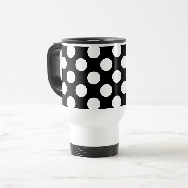 Caneca Térmica Bolinhas Pretas e Brancas, Padrão de Bolinhas (Frente Esquerda)
