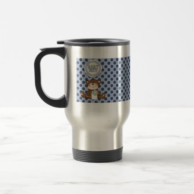 Caneca Térmica Bolinhas pretas em azul com Urso de Teddy (Esquerda)