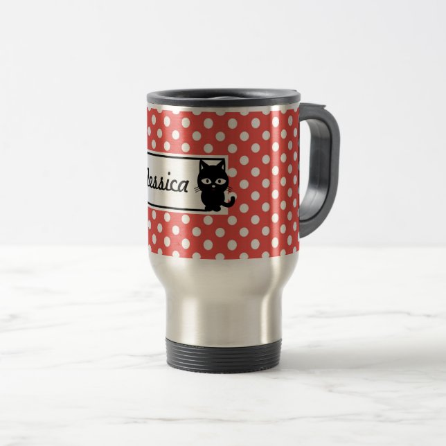 Caneca Térmica Bolinhas vermelhas e gato preto personalizados (Frente Esquerda)
