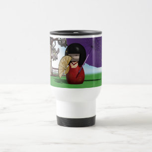 Caneca Térmica Boneca Kokeshi Japonesa Arte de Flor de Cerejeira
