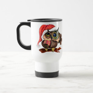 Caneca Térmica Bonitas Corujas de Bebê no Chapéu de Natal e pre