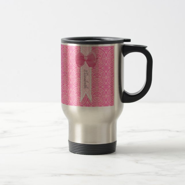 Caneca Térmica Bonito Medalhão Rosa Damask Arco Bonito Com Nome (Direita)