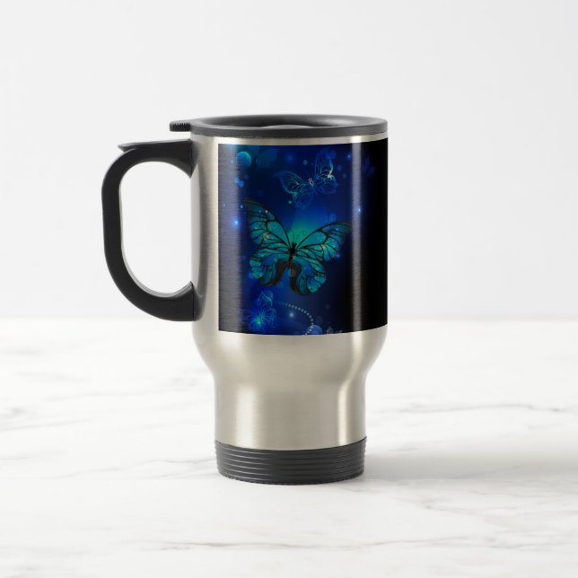 Caneca Térmica Borboleta Morpho no Fundo Escuro (Esquerda)