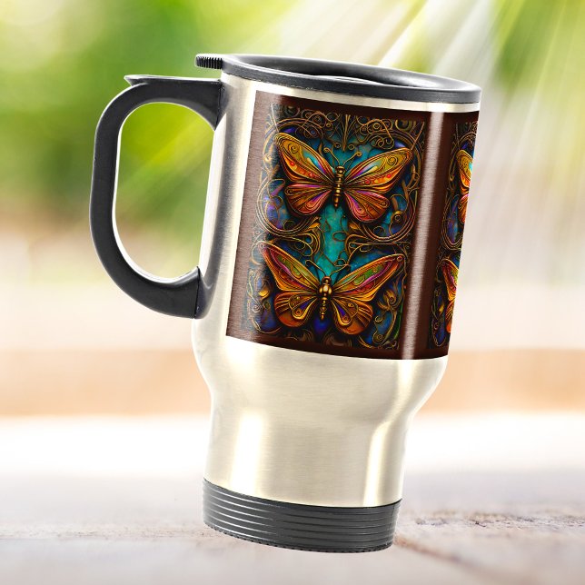 Caneca Térmica Borboletas de bronze em azul-aquático (Criador carregado)