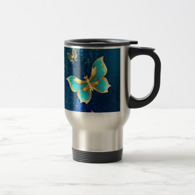 Caneca Térmica Borboletas de ouro em um fundo azul (Direita)