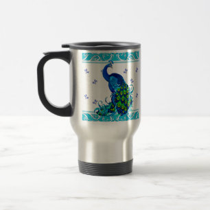 Caneca Térmica Borda de espiral azul e Design de Peacock