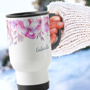 Caneca Térmica Borda do Flor Rosa e Nome do Script do Pincel