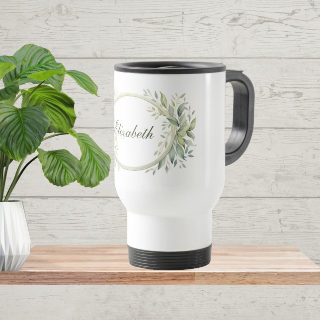 Caneca Térmica Botânica Verde de Sage Personalizada do Monograma (Monogram Personalized Sage Green Botanical Greenery Travel Mug. Gift for her, Bridesmaid)
