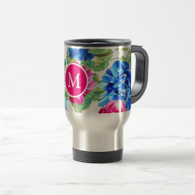 Caneca Térmica Bright Pink and Blue Floral Pretty Monogrammed (Frente Esquerda)