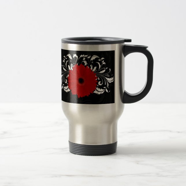Caneca Térmica Bright Red Gerbera Daisy em Preto (Direita)