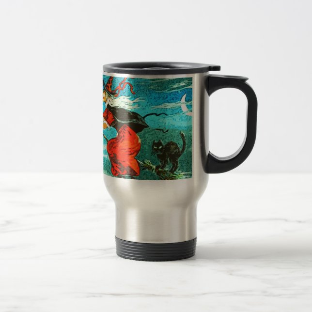 Caneca Térmica Bruxa Voadora e Gato Preto no Halloween (Direita)