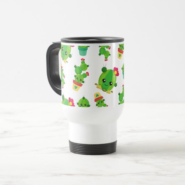 Caneca Térmica Cactus Bonito, Cactus Verde, Padrão De Cactus (Frente Esquerda)