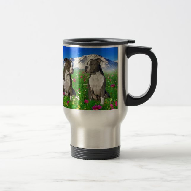 Caneca Térmica Cães rajados & azuis de Staffordshire & de pitbull (Direita)
