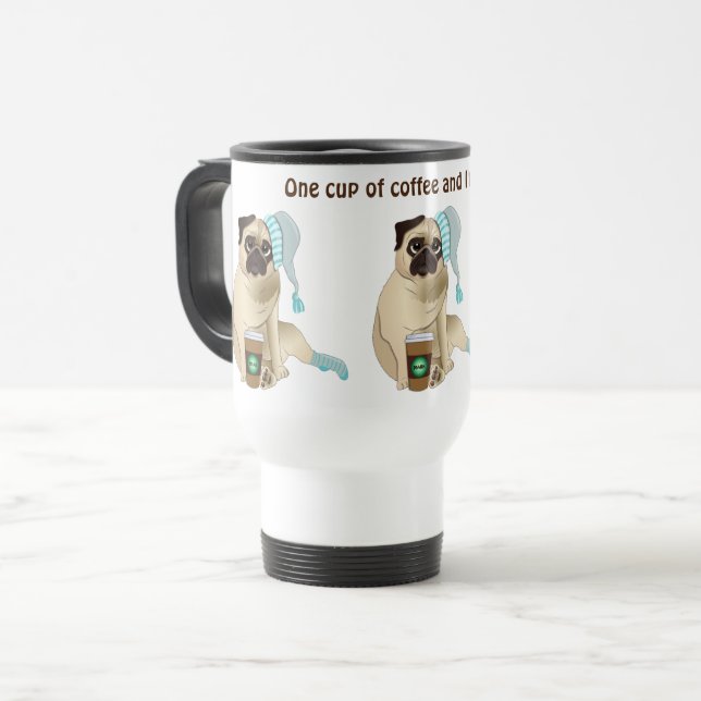 Caneca Térmica Café Louco Adorável, Pug Puppy Personalizado (Frente Esquerda)
