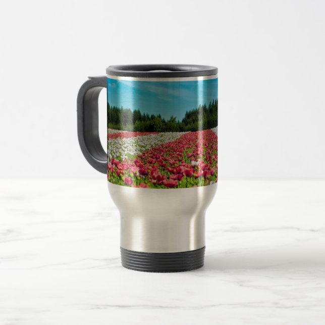 Caneca Térmica Campo de Papoulas Vermelhas e Brancas (Frente Esquerda)
