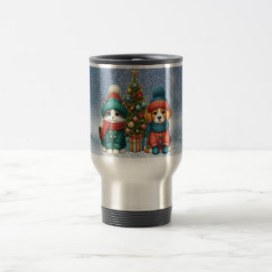 Caneca Térmica Cãozinho de Natal bonito e gatinho