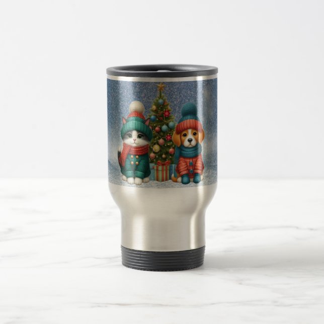 Caneca Térmica Cãozinho de Natal bonito e gatinho (Centro)