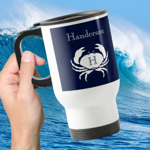 Caneca Térmica Caranguejo Branco Marinho Azul Monograma Náutico  