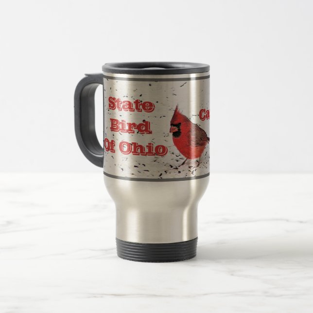 CANECA TÉRMICA "CARDINAL VERMELHO, PÁSSARO ESTADUAL DE OHIO" (Frente Esquerda)