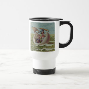 Caneca Térmica Cartão Antigo de Páscoa Ovo de Crianças Navegando
