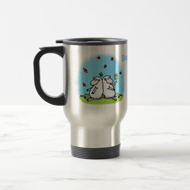 Caneca Térmica Cartoon de carneiros e borboletas bonitos (Esquerda)