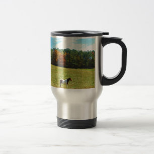 Caneca Térmica Cavalo castanho e branco,árvores de outono,céu azu