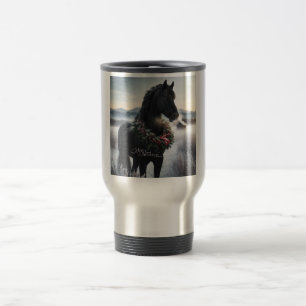 Caneca Térmica Cavalo negro na neve com coroa de Natal