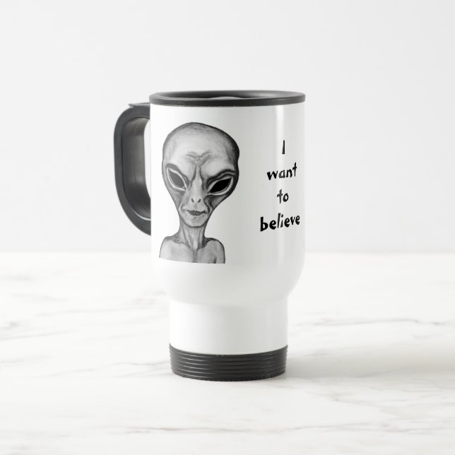 Caneca Térmica Cinza Alienígena, quero acreditar (Frente Esquerda)