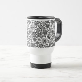 Caneca Térmica Cinza Negra Branca Retro Arte Floral Padrão Invisí