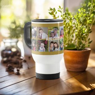 Caneca Térmica Colagem de 12 Fotos com Fundo Dourado