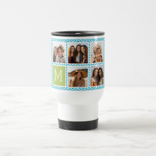 Caneca Térmica Colagem de 5 Fotos - Monograma Azul Água e Verde L