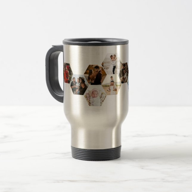 Caneca Térmica Colagem de Fotos do Hexágono Honeycomb 11 Imagens  (Frente Esquerda)