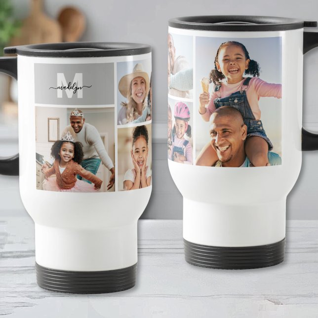 Caneca Térmica Colagem de Fotos Simples Monograma Imagem (Photo Collage Simple Monogram Picture Travel Mug )