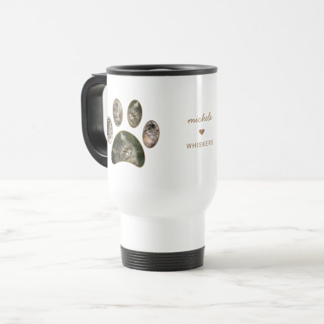 Caneca Térmica Colar de Foto com Nome e Impressão de Pata Dourada (Frente Esquerda)
