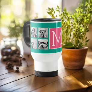 Caneca Térmica Colar de Fotos Monograma em Verde Turquesa e Rosa 