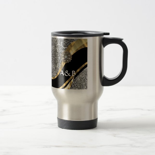Caneca Térmica Cor damasco floral preto e branco (Direita)